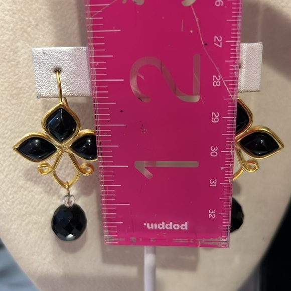 Jet Black Triple Cabochon & Matte Gold Drop Earrings-Boutique - Picture 4 of 4